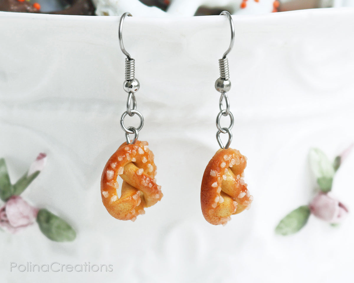 PolinaCreations Sea Salt Pretzel Earrings, Pretzel Jewelry Fake Food Jewelry Miniature Food Earrings Hypoallergenic Cute Earrings Polymer clay food jewelleryPolina Creations