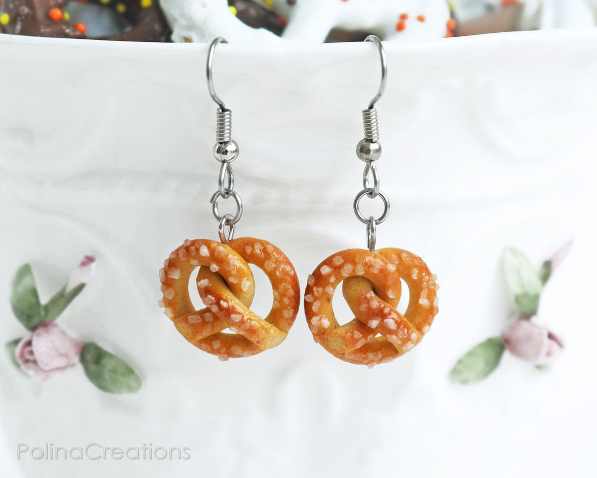 PolinaCreations Sea Salt Pretzel Earrings, Pretzel Jewelry Fake Food Jewelry Miniature Food Earrings Hypoallergenic Cute Earrings Polina Creations