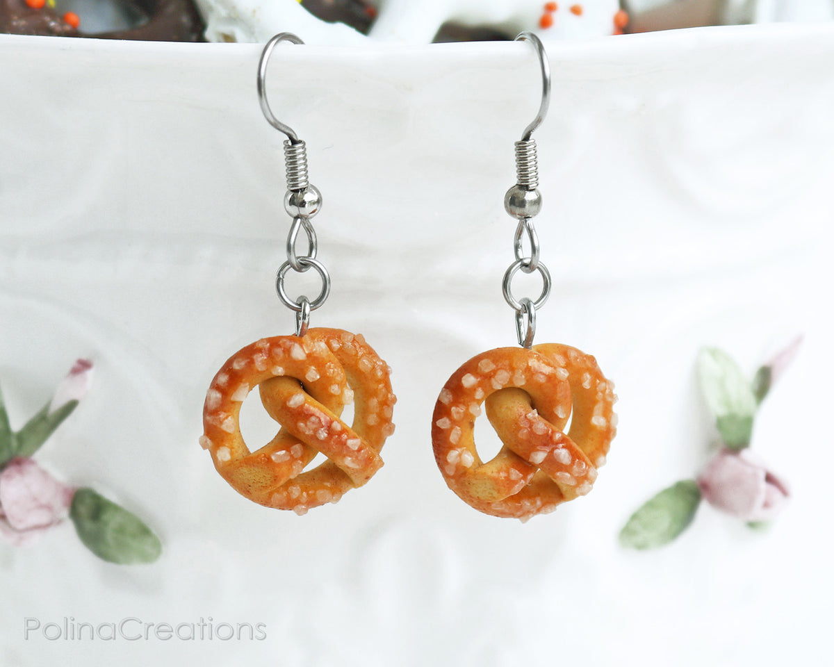 PolinaCreations Sea Salt Pretzel Earrings, Pretzel Jewelry Fake Food Jewelry Miniature Food Earrings Hypoallergenic Cute Earrings Polina Creations