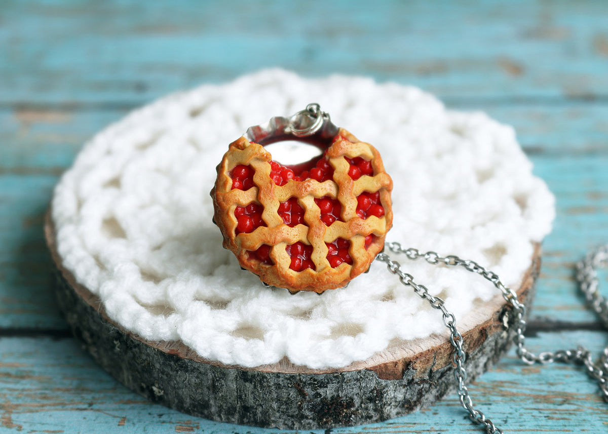 Polinacreations Handmade Jewelry Cherry Pie Pendant Cherry Pie Necklace,Miniature Food Jewelry Cherry Jewelry Red Necklace Cherry Necklace red jewelry red necklace Fake food jewelry mini food charm pie charm circle necklace red circle charm pastry jewelry pastry charm gift for her gift for woman bottle cap pendant