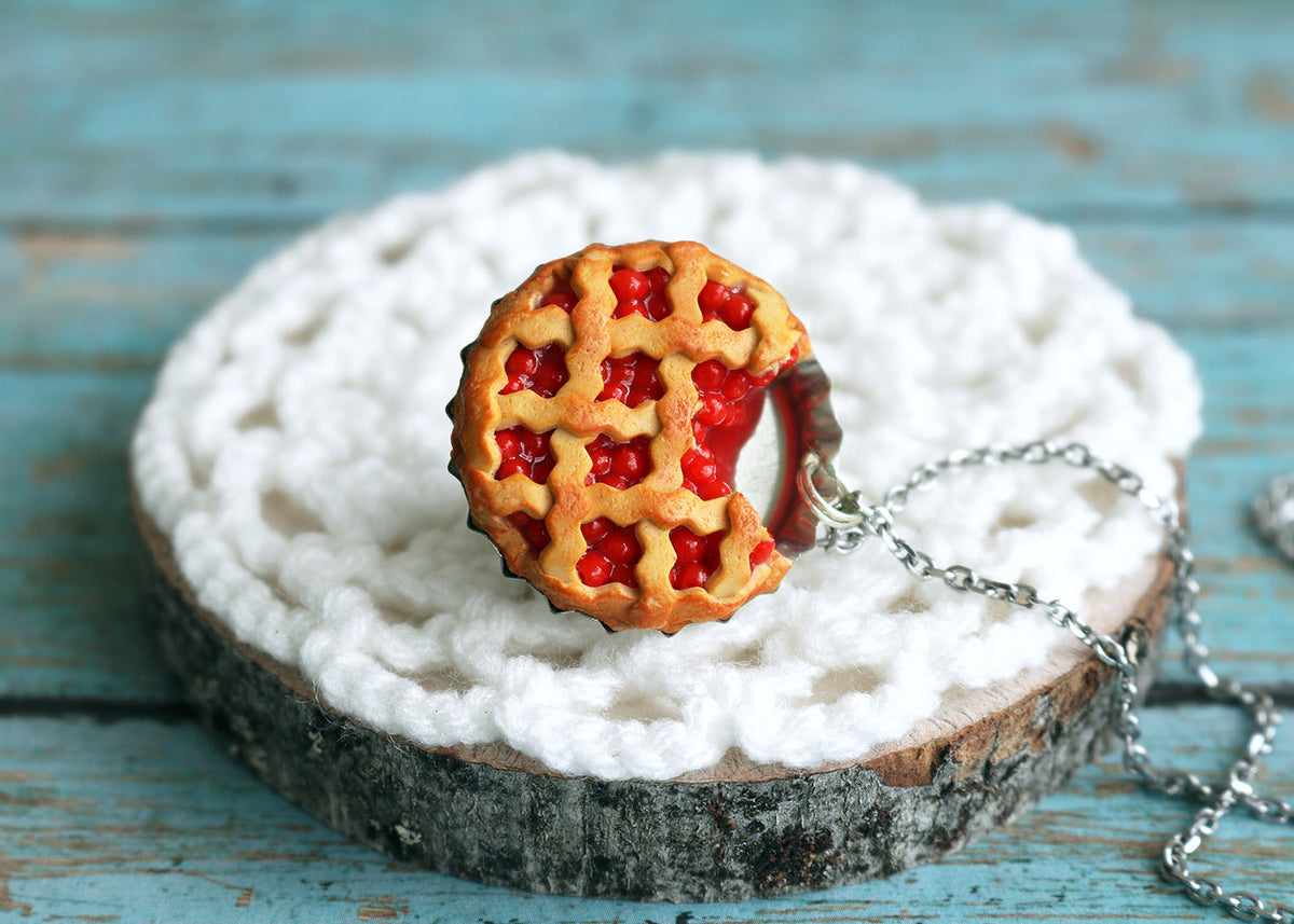 Polinacreations Handmade Jewelry Cherry Pie Pendant Cherry Pie Necklace,Miniature Food Jewelry Cherry Jewelry Red Necklace Cherry Necklace red jewelry red necklace Fake food jewelry mini food charm pie charm circle necklace red circle charm pastry jewelry pastry charm gift for her gift for woman bottle cap charm