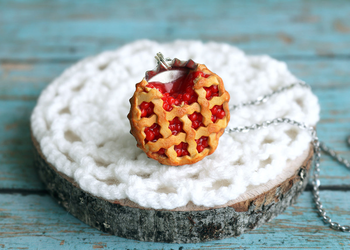 Polinacreations Handmade Jewelry Cherry Pie Pendant Cherry Pie Necklace,Miniature Food Jewelry Cherry Jewelry Red Necklace Cherry Necklace red jewelry red necklace Fake food jewelry mini food charm pie charm circle necklace red circle charm pastry jewelry pastry charm gift for her gift for woman bottle cap jewelry dessert charm