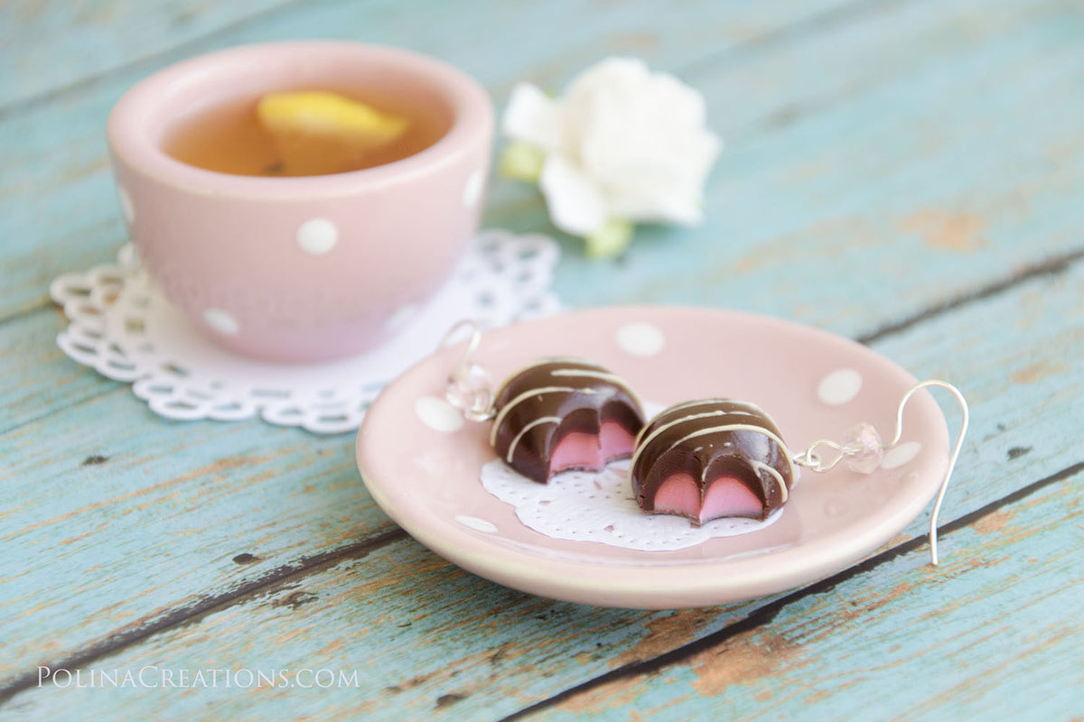 Handmade polymer clay Chocolate Candy earrings sweet miniatute jewerly PolinaCreations Chocolate Caramel Candy Earrings polymer clay fake food jewelry Candy Earrings polina creations