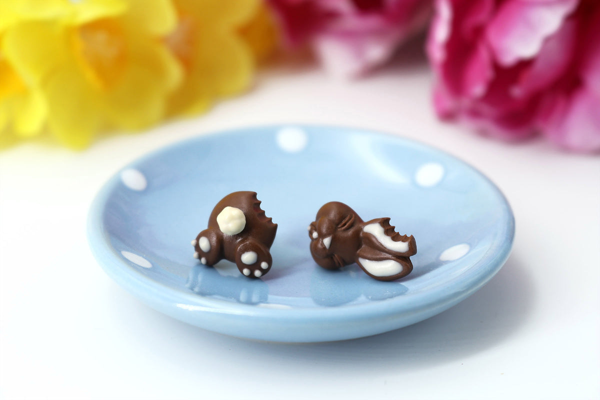 Handmade Bitten Easter Chocolate Bunny Stud Earrings. Bunny earrings. Easter Jewelry Easter bunny earrings Easter Gift bitten chocolate bunny butt polinacreations chocolate rabbit earrings mini polymer clay food