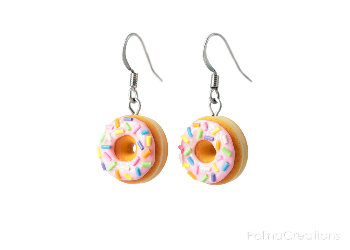 Handmade Pink Glazed Doughnut Dangle Earrings