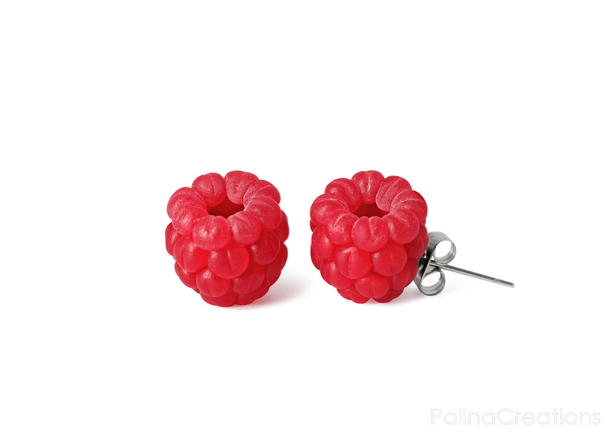 Polinacreations Raspberry Stud Earrings, Fruit Earrings, Berry jewelry Berry earrings Polymer clay Fake Food jewelry Garden jewelry Garden Gifts Fruit Jewelry Polina creations