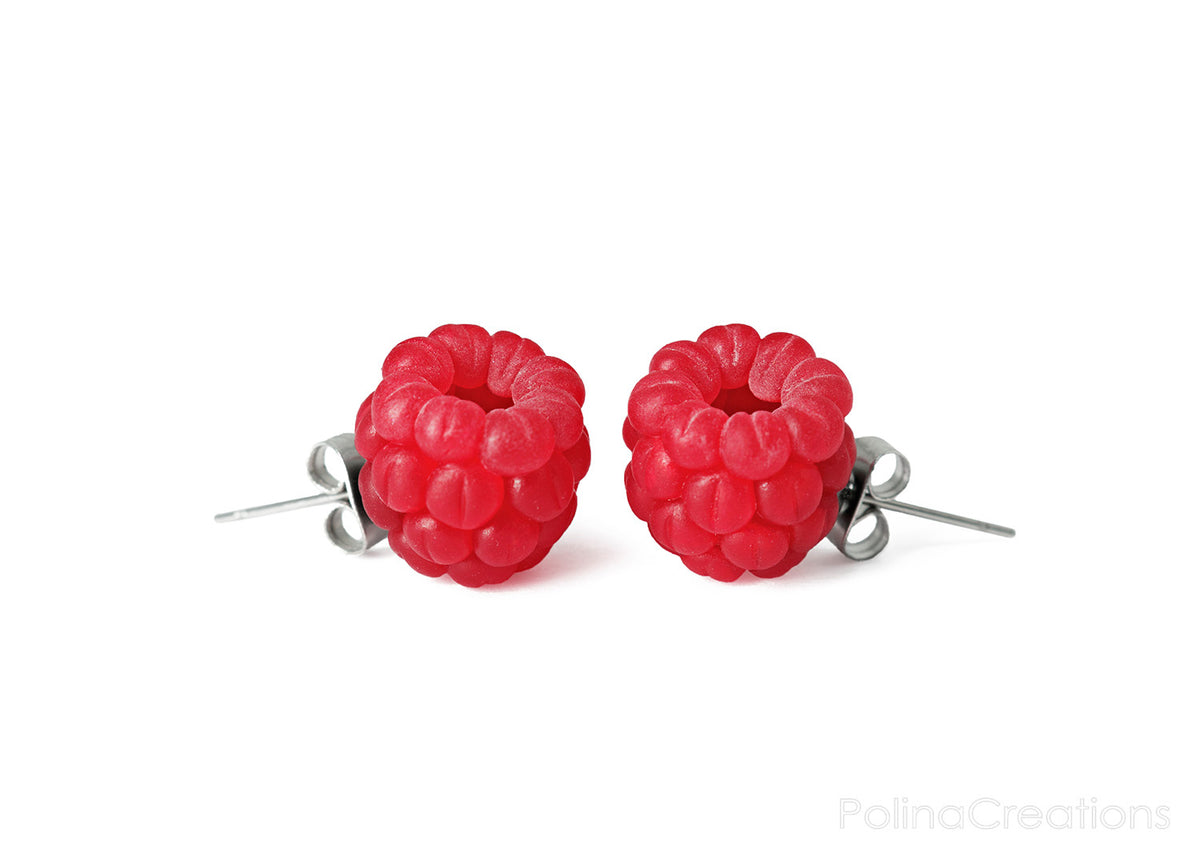 Polinacreations Raspberry Stud Earrings, Fruit Earrings, Berry jewelry Berry earrings Polymer clay Fake Food jewelry Garden jewelry Garden Gifts Fruit Jewelry Polina creations