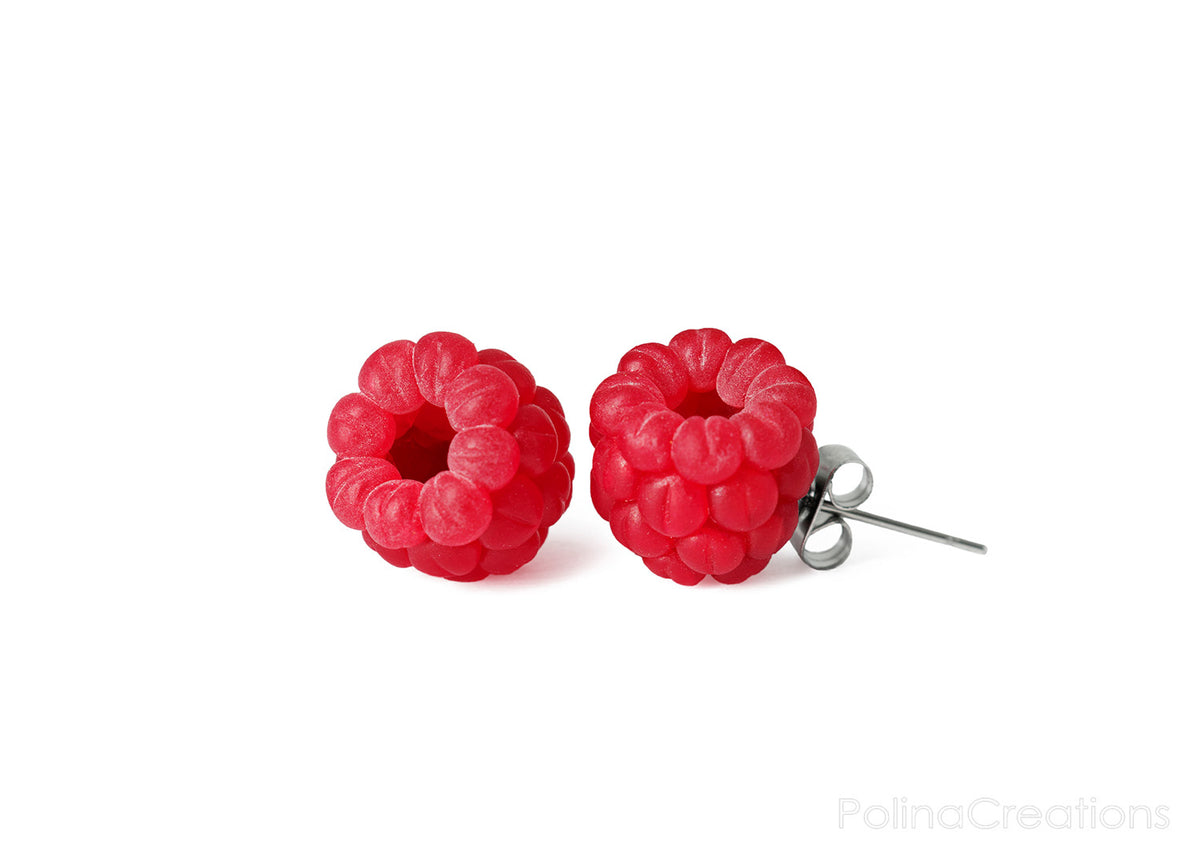 Polinacreations Raspberry Stud Earrings, Fruit Earrings, Berry jewelry Berry earrings Polymer clay Fake Food jewelry Garden jewelry Garden Gifts Fruit Jewelry Polina creations
