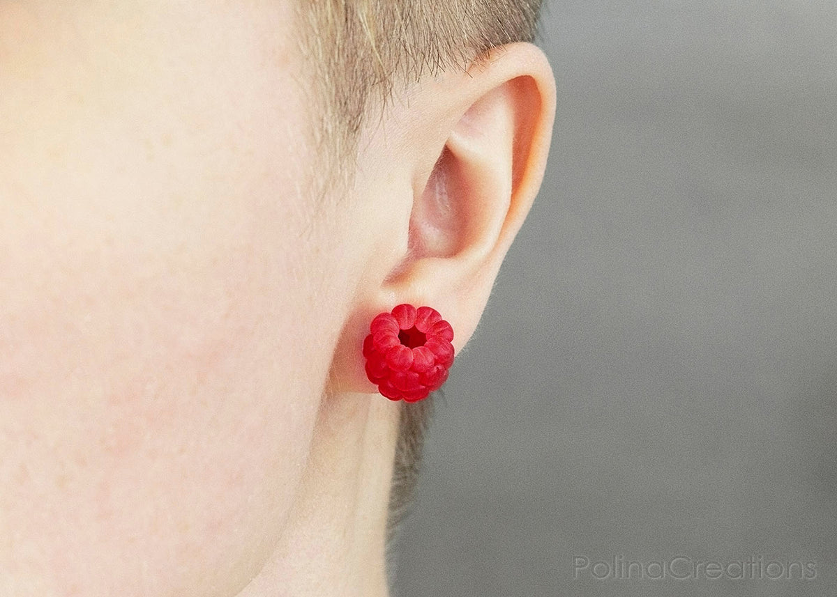 Polinacreations Raspberry Stud Earrings, Fruit Earrings, Berry jewelry Berry earrings Polymer clay Fake Food jewelry Garden jewelry Garden Gifts Fruit Jewelry Polina creations mini food earrings