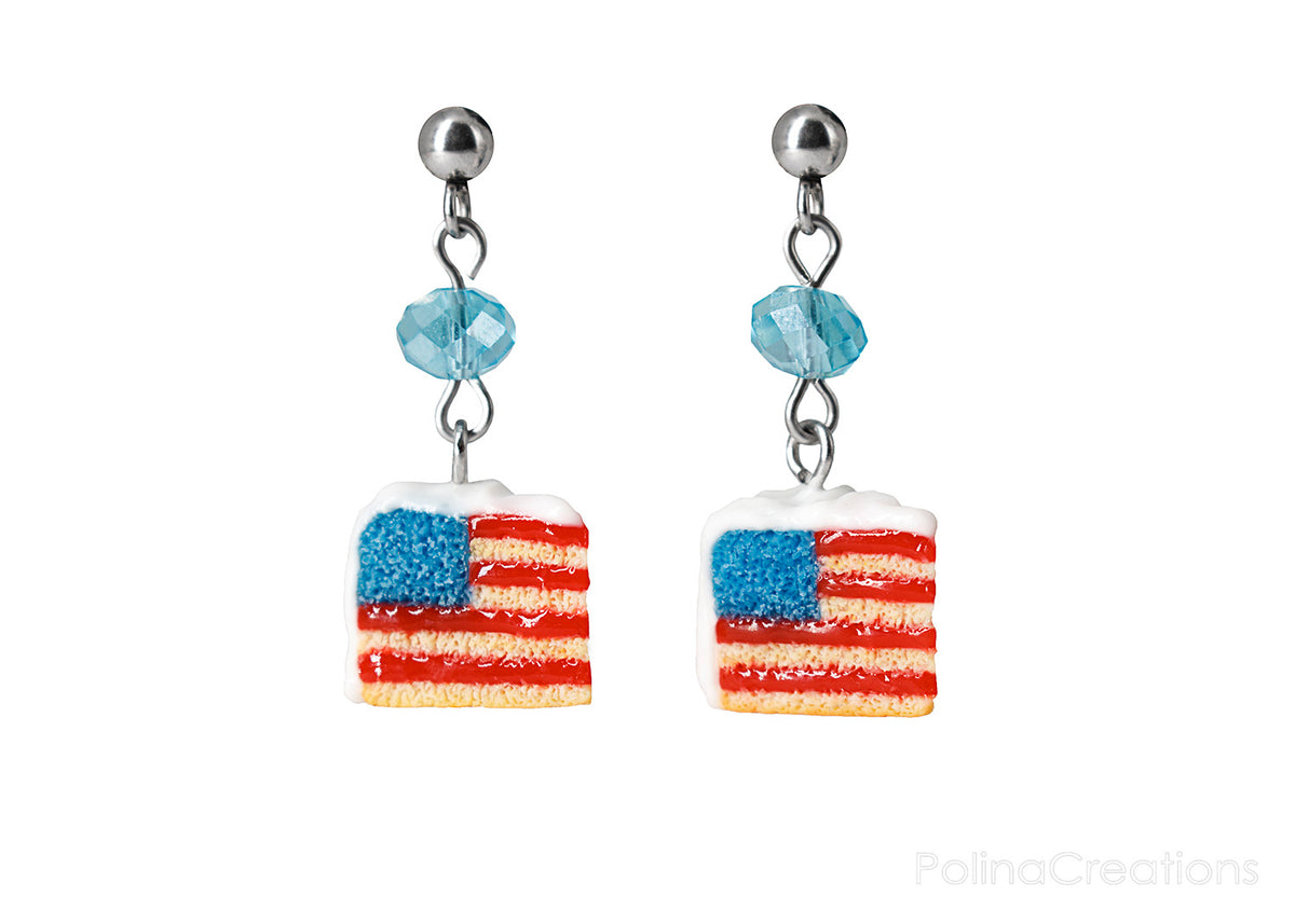 Handmade USA Flag Cake Stud Dangle Earrings, 4th of July Gift