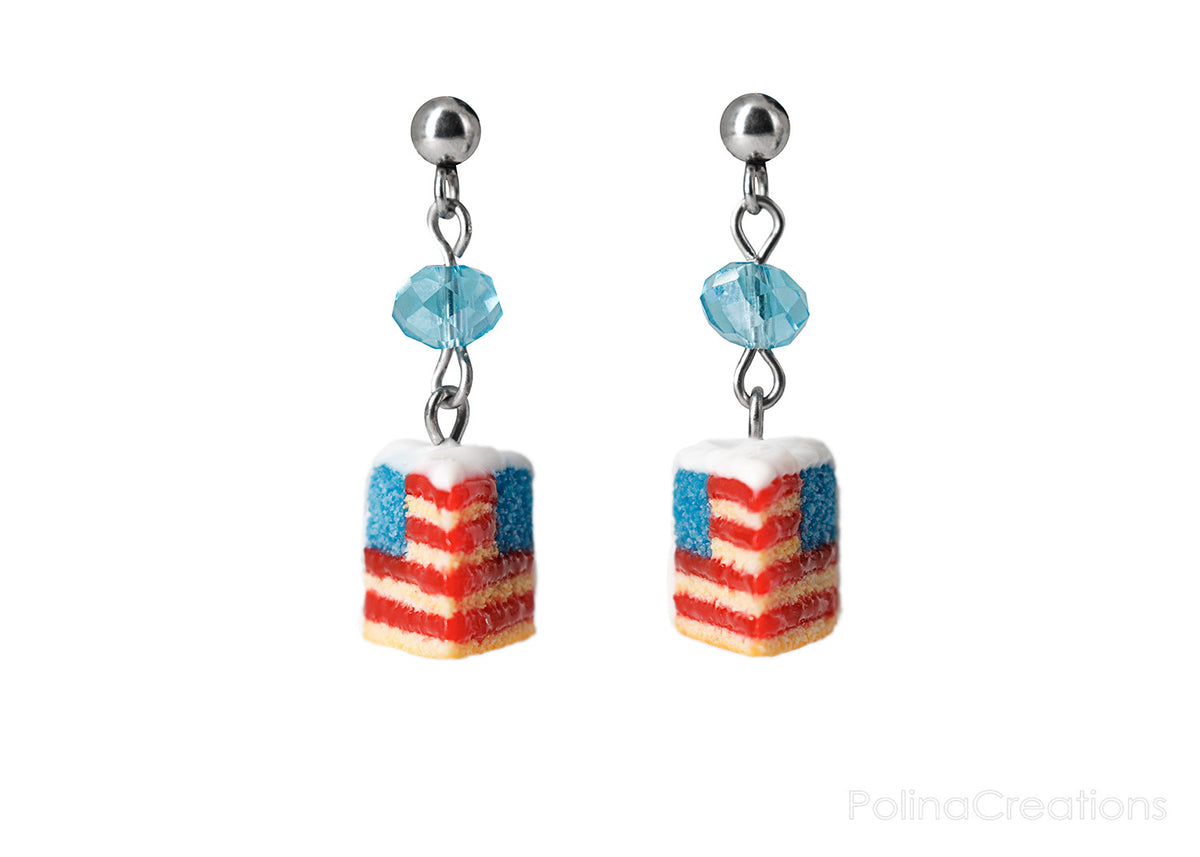 Handmade USA Flag Cake Stud Dangle Earrings, 4th of July Gift
