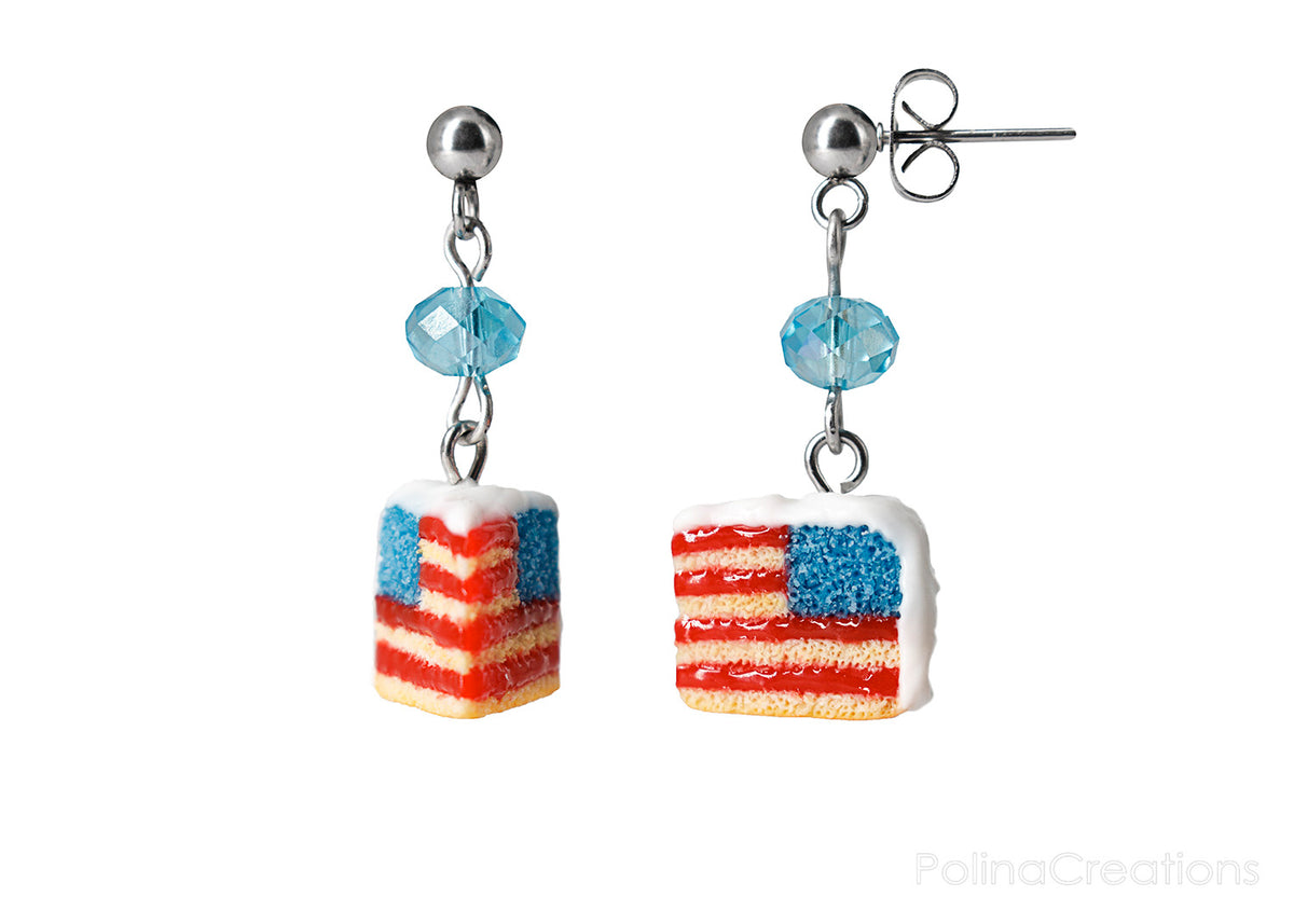 Handmade USA Flag Cake Stud Dangle Earrings, 4th of July Gift