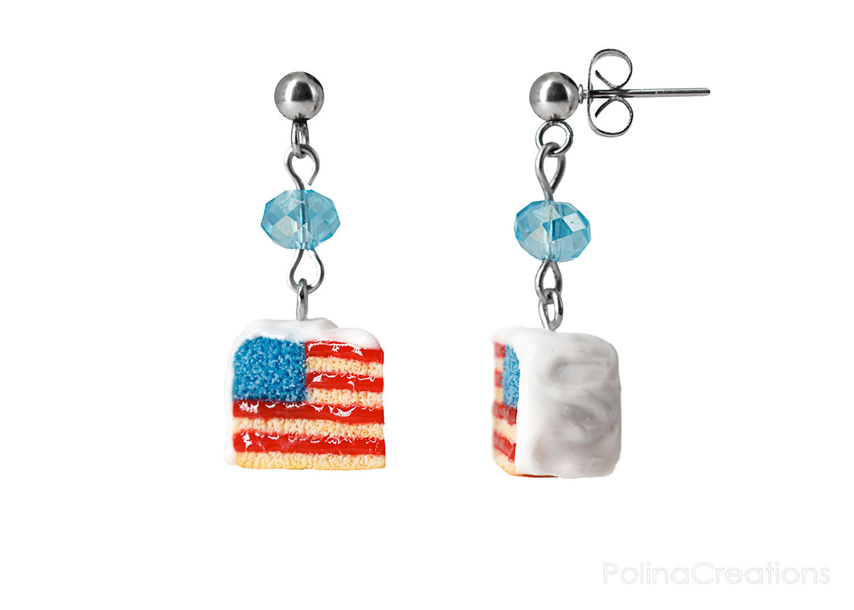 Handmade USA Flag Cake Stud Dangle Earrings, 4th of July Gift