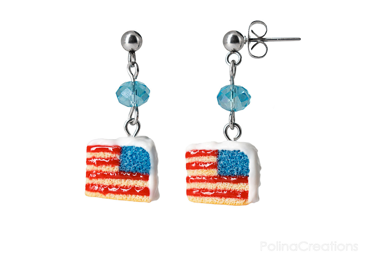 Handmade USA Flag Cake Stud Dangle Earrings, 4th of July Gift
