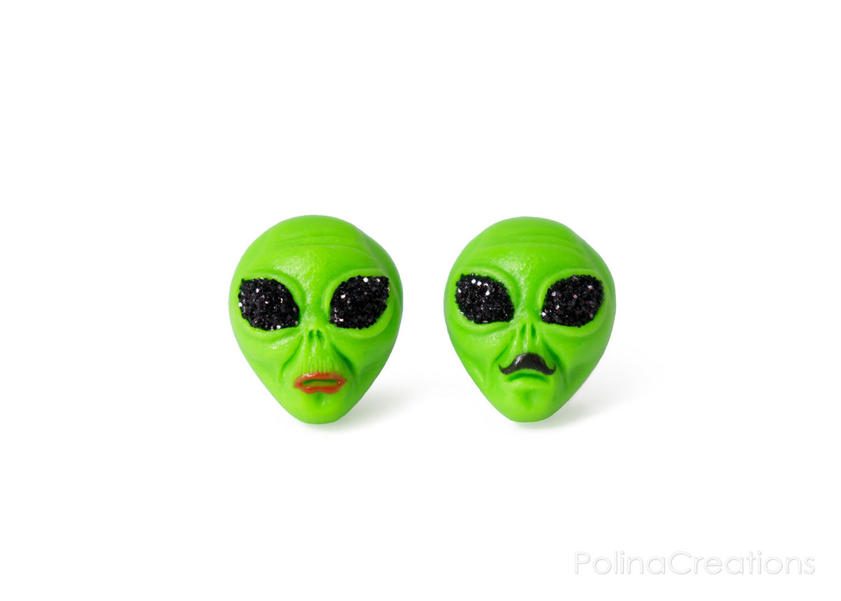 polinacreations glitter jewelry red lip jewelry mustachio jewelry green earrings cute studs green jewelry Green Alien Stud Earrings, Space Earrings Alien Head Studs Grunge Earrings Alien Family Jewelry UFO Earrings Glitter Jewelry Couple Earrings polina creations
