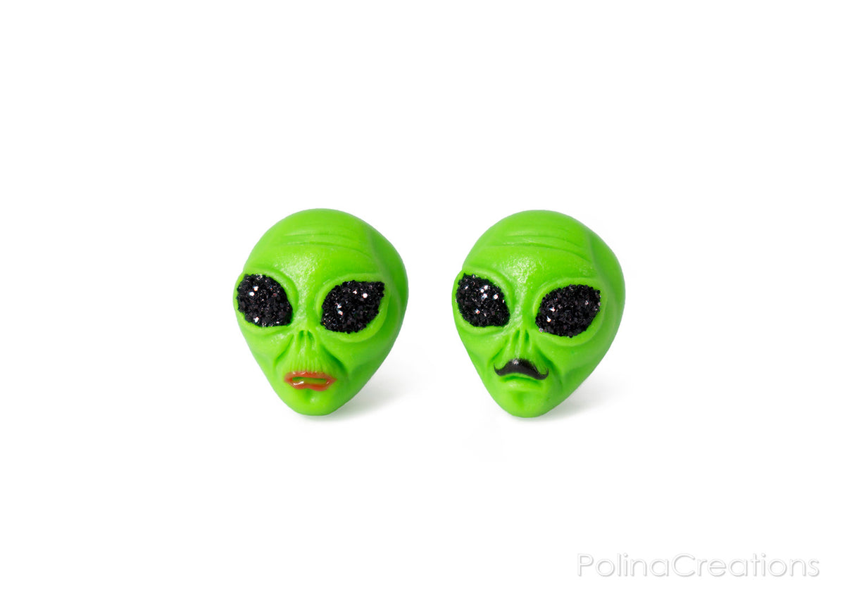 polinacreations glitter jewelry red lip jewelry mustachio jewelry green earrings cute studs green jewelry Green Alien Stud Earrings, Space Earrings Alien Head Studs Grunge Earrings Alien Family Jewelry UFO Earrings Glitter Jewelry Couple Earrings polina creations