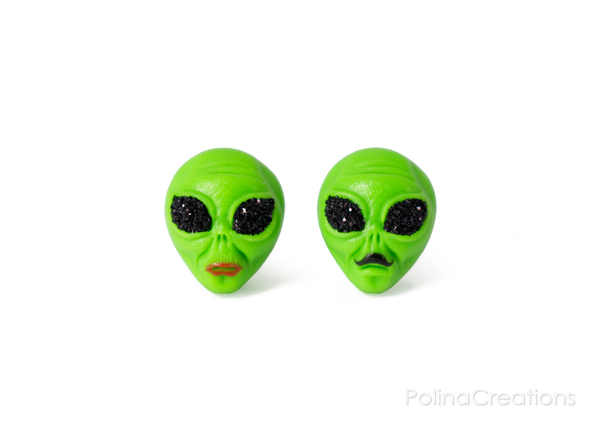 polinacreations glitter jewelry red lip jewelry mustachio jewelry green earrings cute studs green jewelry Green Alien Stud Earrings, Space Earrings Alien Head Studs Grunge Earrings Alien Family Jewelry UFO Earrings Glitter Jewelry Couple Earrings polina creations