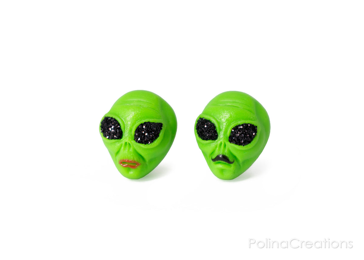 polinacreations glitter jewelry red lip jewelry mustachio jewelry green earrings cute studs green jewelry Green Alien Stud Earrings, Space Earrings Alien Head Studs Grunge Earrings Alien Family Jewelry UFO Earrings Glitter Jewelry Couple Earrings polina creations