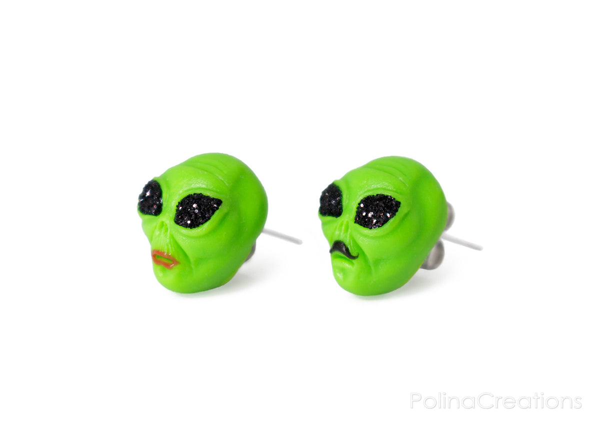 polinacreations glitter jewelry red lip jewelry mustachio jewelry green earrings cute studs green jewelry Green Alien Stud Earrings, Space Earrings Alien Head Studs Grunge Earrings Alien Family Jewelry UFO Earrings Glitter Jewelry Couple Earrings polina creations