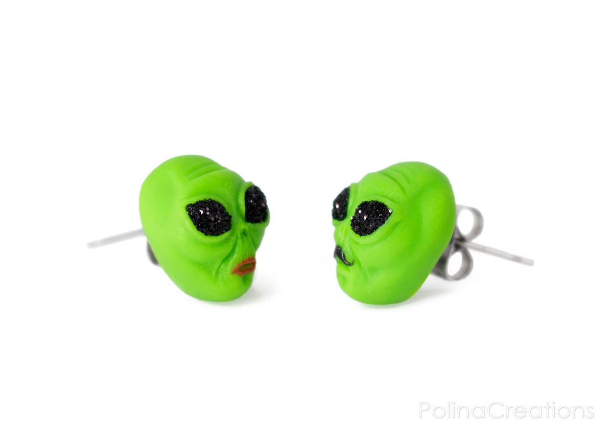 polinacreations glitter jewelry red lip jewelry mustachio jewelry green earrings cute studs green jewelry Green Alien Stud Earrings, Space Earrings Alien Head Studs Grunge Earrings Alien Family Jewelry UFO Earrings Glitter Jewelry Couple Earrings polina creations