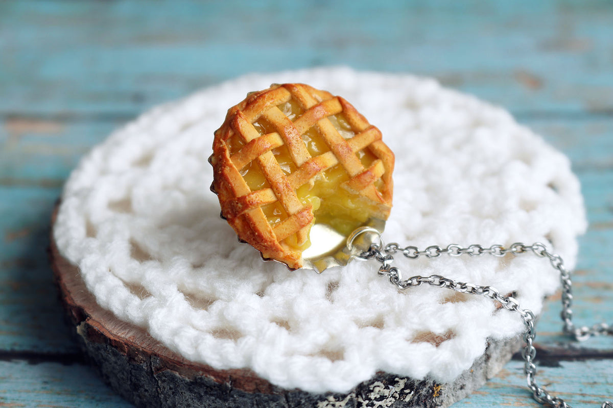 Polinacreations Handmade Jewelry apple Pie Pendant apple Pie Necklace,Miniature Food Jewelry apple Jewelry yellow Necklace yellow charm yellow jewelry yellow necklace Fake food jewelry mini food charm pie charm circle necklace orange circle charm pastry jewelry pastry charm gift for her gift for woman bottle cap jewelry berry necklace berry charm fruit jewelry fruit necklace