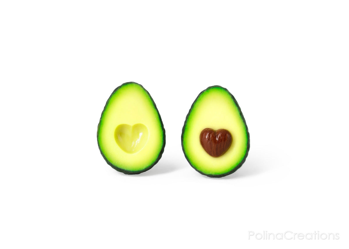 Polinacreations Avocado Heart Stud Earrings, Fake Food Jewelry Fruit Earrings Polymer Clay Avocado Jewelry Love Heart Earrings Avocado Gift Summer Earrings vegetable jewelry