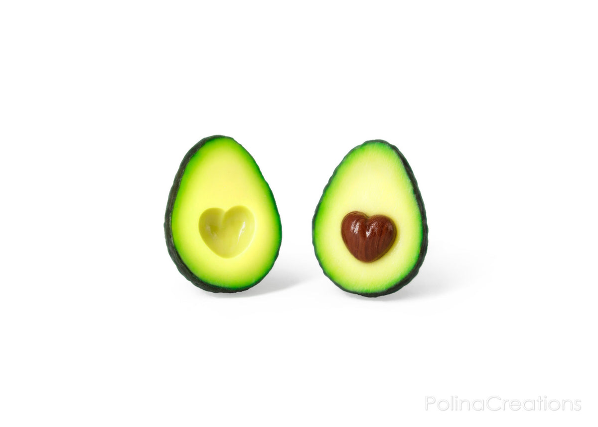 Polinacreations Avocado Heart Stud Earrings, Fake Food Jewelry Fruit Earrings Polymer Clay Avocado Jewelry Love Heart Earrings Avocado Gift Summer Earrings Valentine's day gift