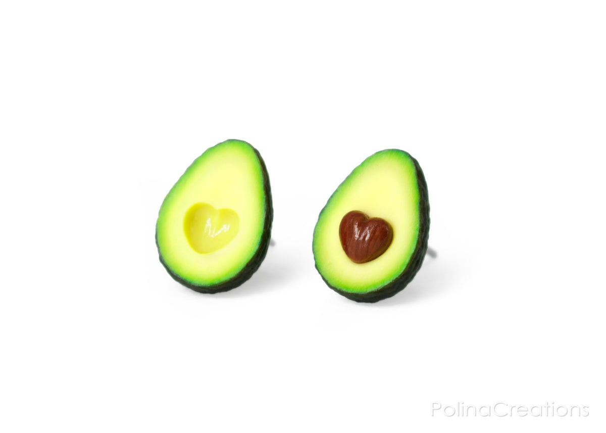 Polinacreations Avocado Heart Stud Earrings, Fake Food Jewelry Fruit Earrings Polymer Clay Avocado Jewelry Love Heart Earrings Avocado Gift Summer Earrings valentines day present