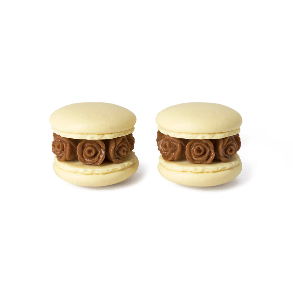 Handmade Beige & Chocolate Floral Macaron Stud Earrings