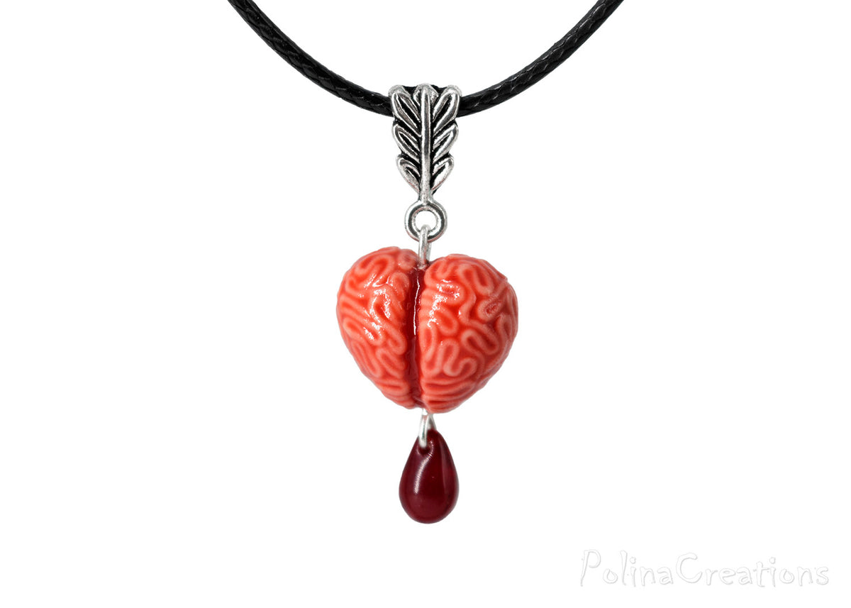 PolinaCreations Handmade Jewelry Bloody Brain Heart Necklace, Brain Jewelry Spooky Blood Jewelry Halloween Accessories Broken Heart Scary Jewelry Czech Glass Bead Necklace Halloween Jewelry Halloween Necklace gift for her Gift for woman red necklace red jewelry