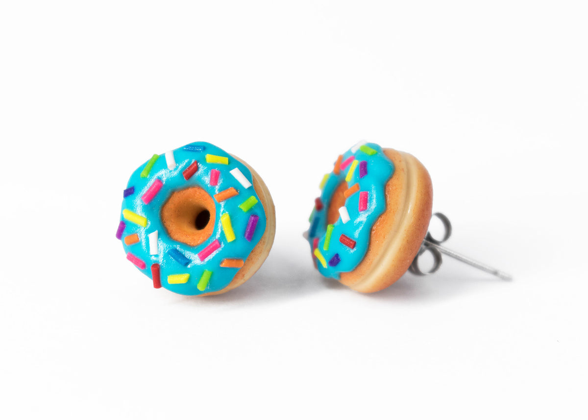 Handmade Jewelry Blue Glazed Doughnut Earrings With Sprinkles, Donut Earrings PolinaCreations Fake Food Jewelry Polymer clay Food Earrings mini food jewelry miniature food cute studs small earrings circle earrings sprinkle jewelry rainbow jewelry hypoallergenic jewelry polina creations jewellery gift for her gift for woman girls baskin robbins dunkin donut blue earrings