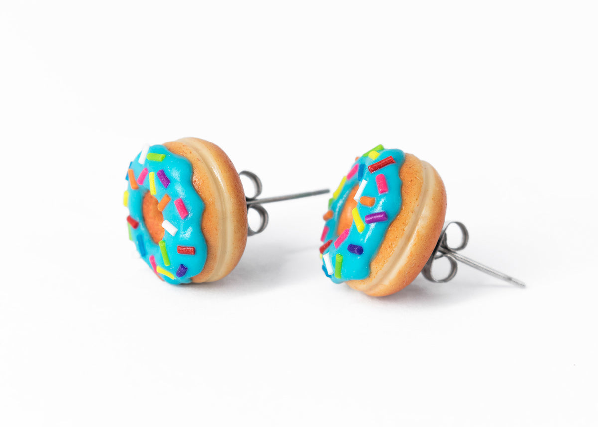 Handmade Jewelry Blue Glazed Doughnut Earrings With Sprinkles, Donut Earrings PolinaCreations Fake Food Jewelry Polymer clay Food Earrings mini food jewelry miniature food cute studs small earrings circle earrings sprinkle jewelry rainbow jewelry hypoallergenic jewelry polina creations jewellery gift for her gift for woman girls baskin robbins dunkin donut blue jewelry