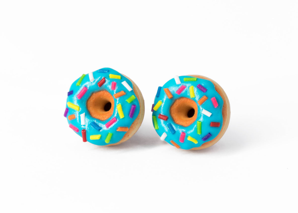 Handmade Jewelry Blue Glazed Doughnut Earrings With Sprinkles, Donut Earrings PolinaCreations Fake Food Jewelry Polymer clay Food Earrings mini food jewelry miniature food cute studs small earrings circle earrings sprinkle jewelry rainbow jewelry hypoallergenic jewelry polina creations jewellery gift for her gift for woman girls baskin robbins dunkin donut blue jewelry