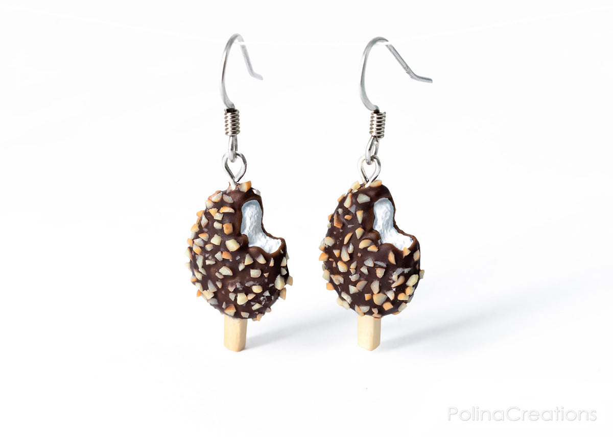 Handmade Chocolate and Nut Covered Vanilla Ice Cream Bar Earrings