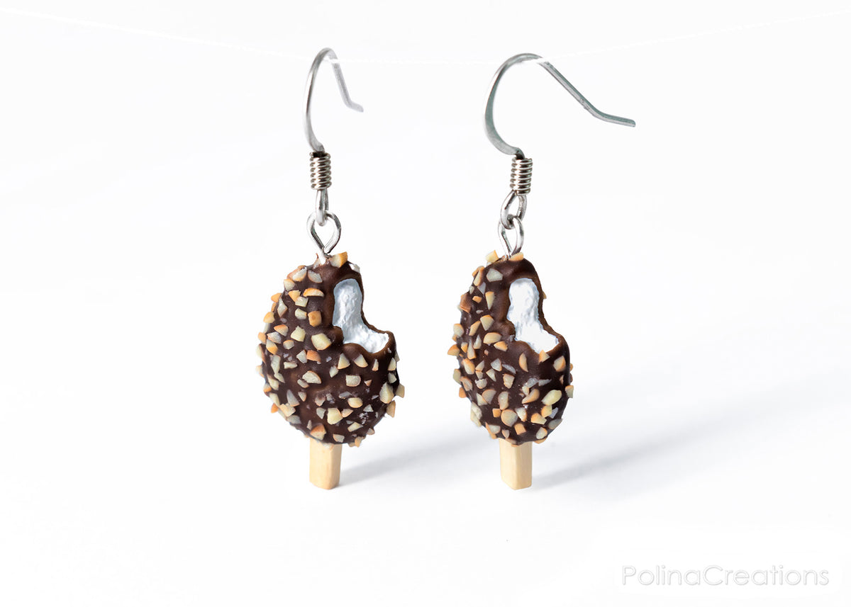 Handmade Chocolate and Nut Covered Vanilla Ice Cream Bar Earrings