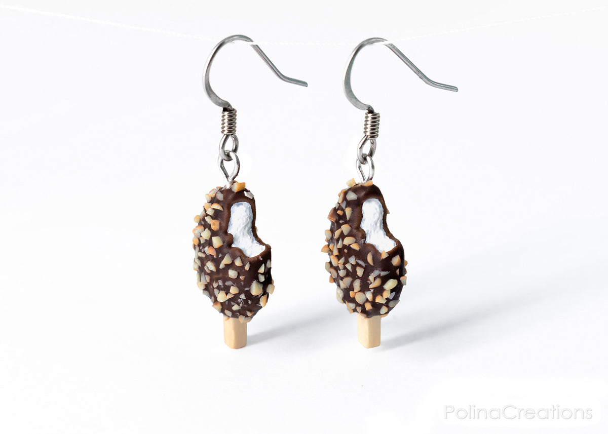 Handmade Chocolate and Nut Covered Vanilla Ice Cream Bar Earrings