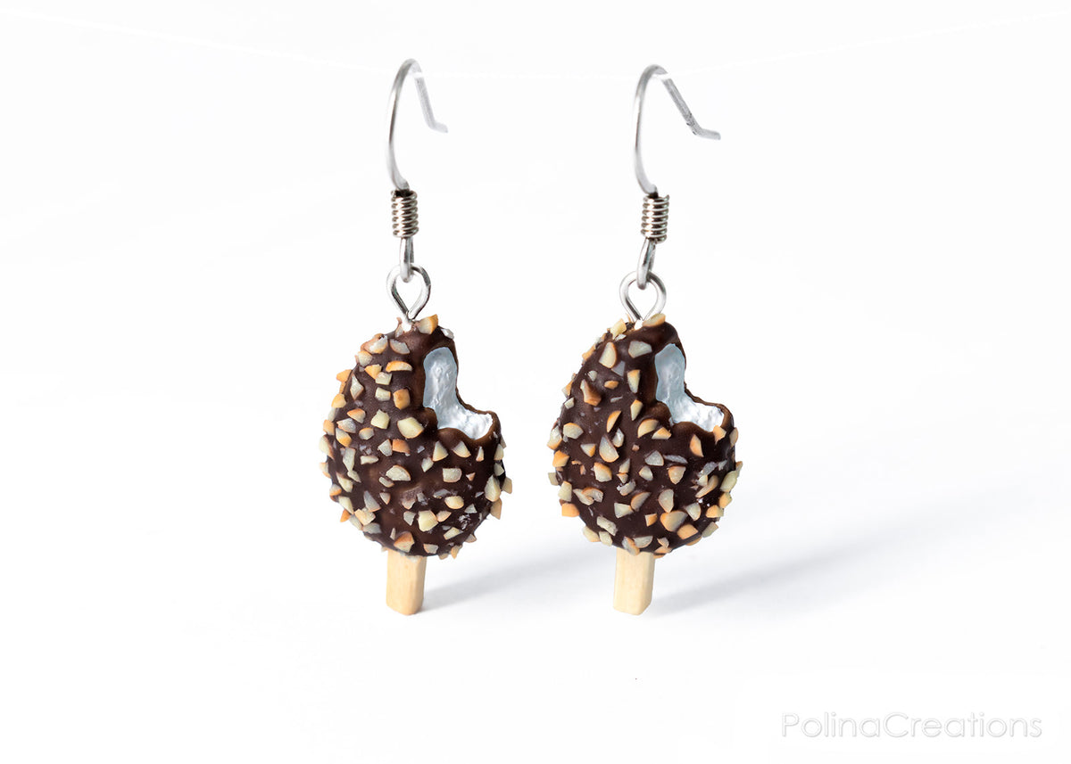 Handmade Chocolate and Nut Covered Vanilla Ice Cream Bar Earrings