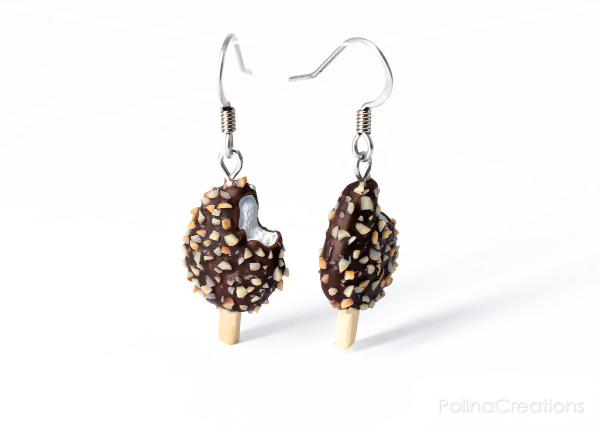 Handmade Chocolate and Nut Covered Vanilla Ice Cream Bar Earrings