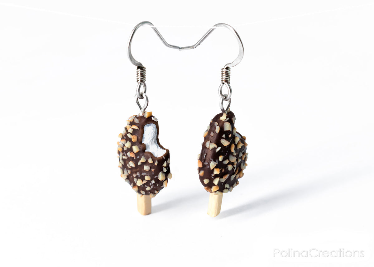 Handmade Chocolate and Nut Covered Vanilla Ice Cream Bar Earrings