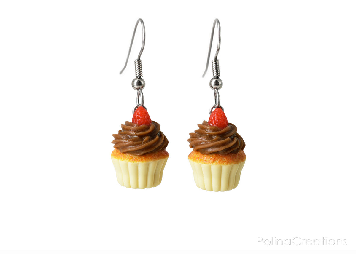 polinacreations Handmade jewelry Chocolate Frosting Cupcake Earrings Topped With Strawberry, Polymer Clay Fake Food Jewelry Chocolate earrings Red Strawberry Fruit Earrings polymer clay jewelry polina creations cute earrings miniature food jewelry mini food earrings gift for her gift foe woman girl brown jewelry dessert jewelry yellow earrings