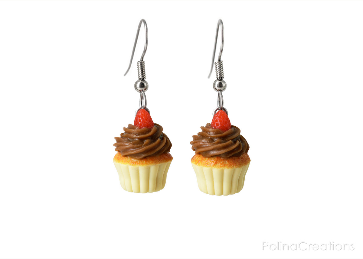 polinacreations Handmade jewelry Chocolate Frosting Cupcake Earrings Topped With Strawberry, Polymer Clay Fake Food Jewelry Chocolate earrings Red Strawberry Fruit Earrings polymer clay jewelry polina creations cute earrings miniature food jewelry mini food earrings gift for her gift foe woman girl brown jewelry dessert jewelry yellow earrings