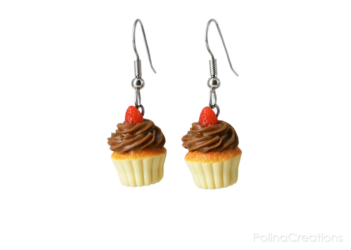 polinacreations Handmade jewelry Chocolate Frosting Cupcake Earrings Topped With Strawberry, Polymer Clay Fake Food Jewelry Chocolate earrings Red Strawberry Fruit Earrings polymer clay jewelry polina creations cute earrings miniature food jewelry mini food earrings gift for her gift foe woman girl brown jewelry dessert jewelry yellow earrings