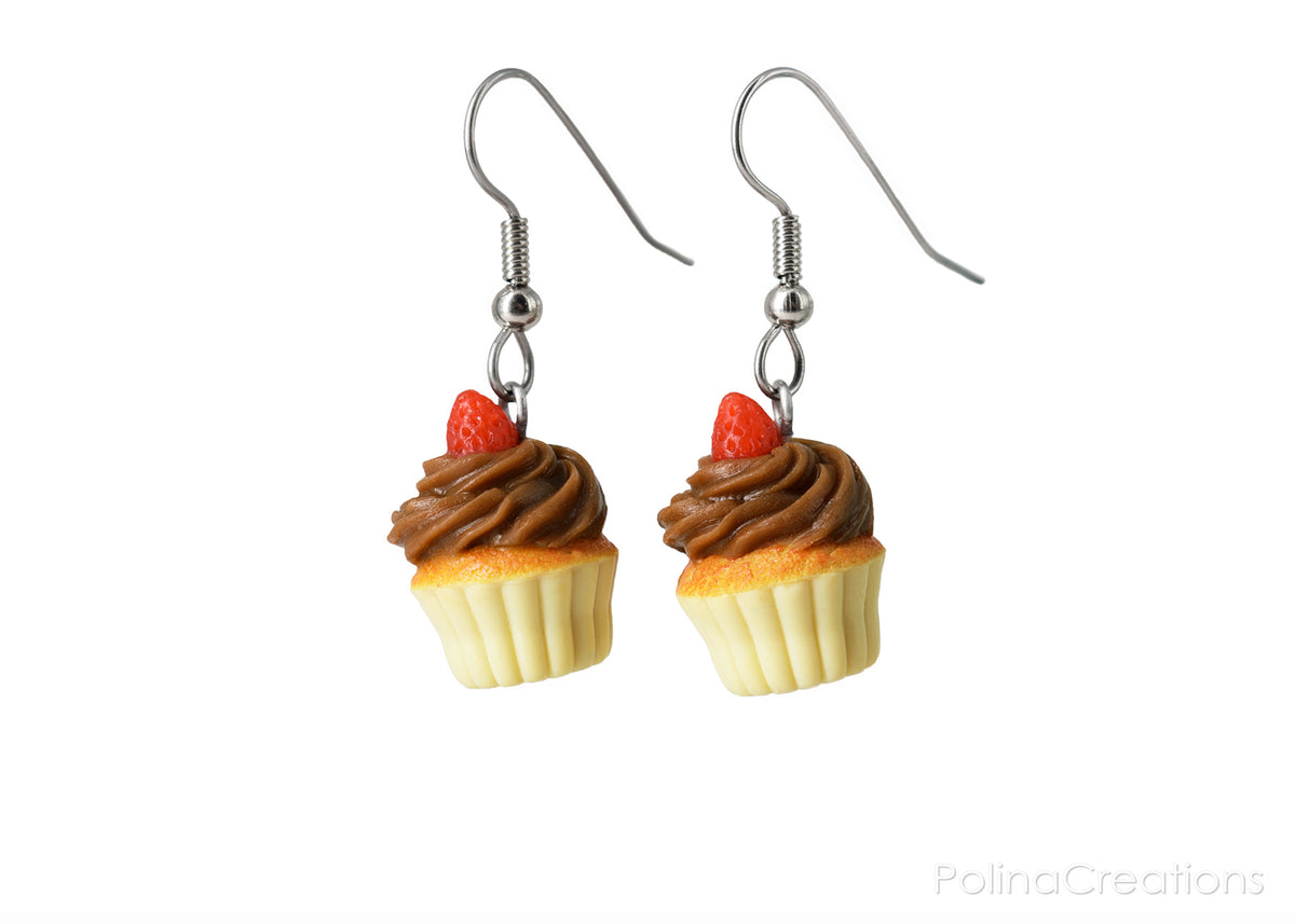 polinacreations Handmade jewelry Chocolate Frosting Cupcake Earrings Topped With Strawberry, Polymer Clay Fake Food Jewelry Chocolate earrings Red Strawberry Fruit Earrings polymer clay jewelry polina creations cute earrings miniature food jewelry mini food earrings gift for her gift foe woman girl brown jewelry dessert jewelry yellow earrings