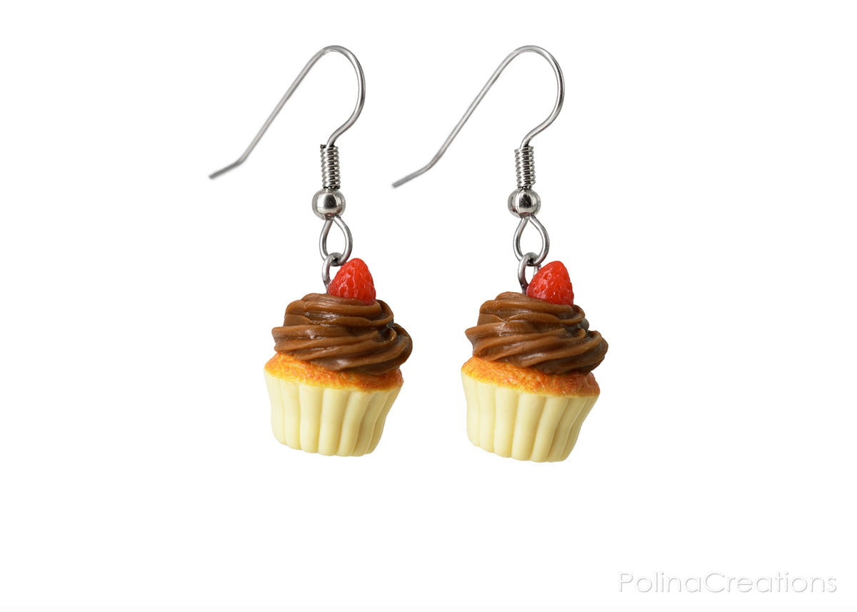 polinacreations Handmade jewelry Chocolate Frosting Cupcake Earrings Topped With Strawberry, Polymer Clay Fake Food Jewelry Chocolate earrings Red Strawberry Fruit Earrings polymer clay jewelry polina creations cute earrings miniature food jewelry mini food earrings gift for her gift foe woman girl brown jewelry dessert jewelry yellow earrings