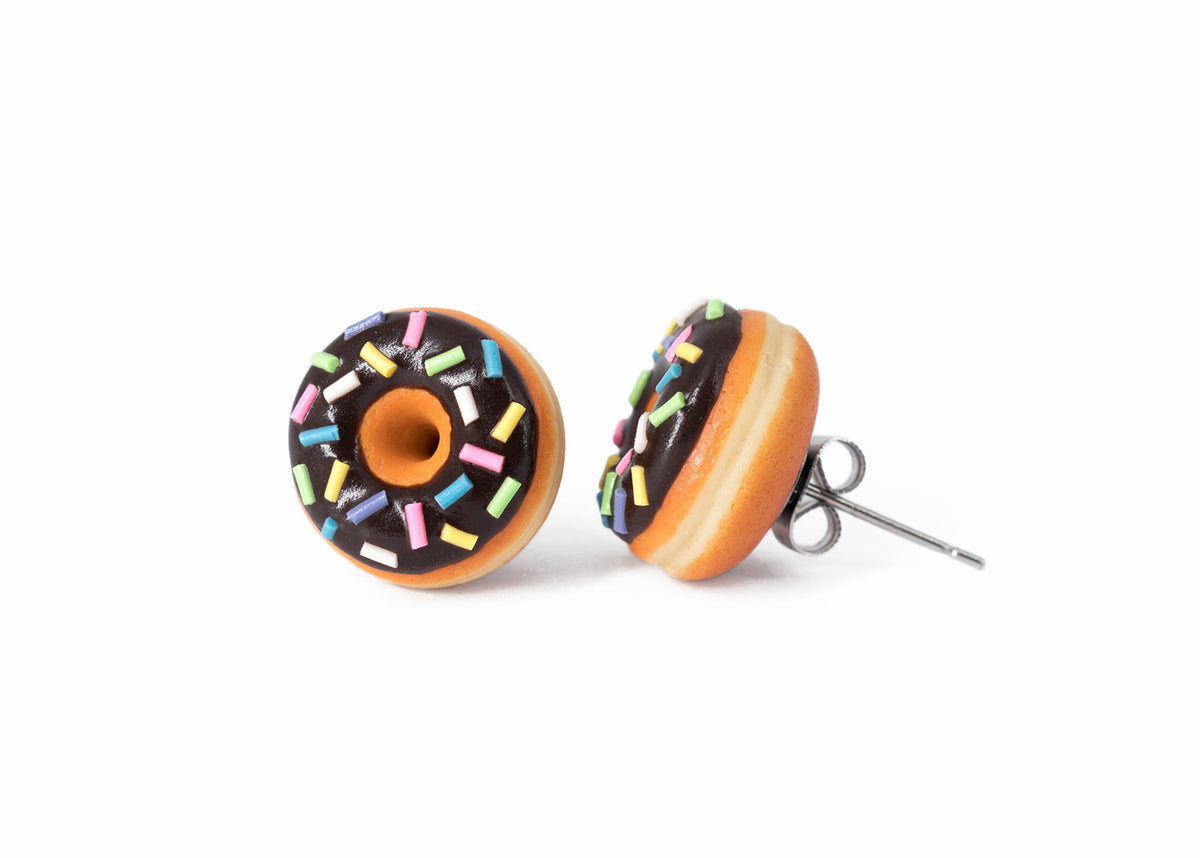 Handmade Jewelry Chocolate Glazed Doughnut Earrings With Sprinkles, Donut Earrings PolinaCreations Fake Food Jewelry Polymer clay Food Earrings mini food jewelry miniature food cute studs small earrings circle earrings sprinkle jewelry rainbow jewelry hypoallergenic jewelry polina creations jewellery gift for her gift for woman girls baskin robbins dunkin donut