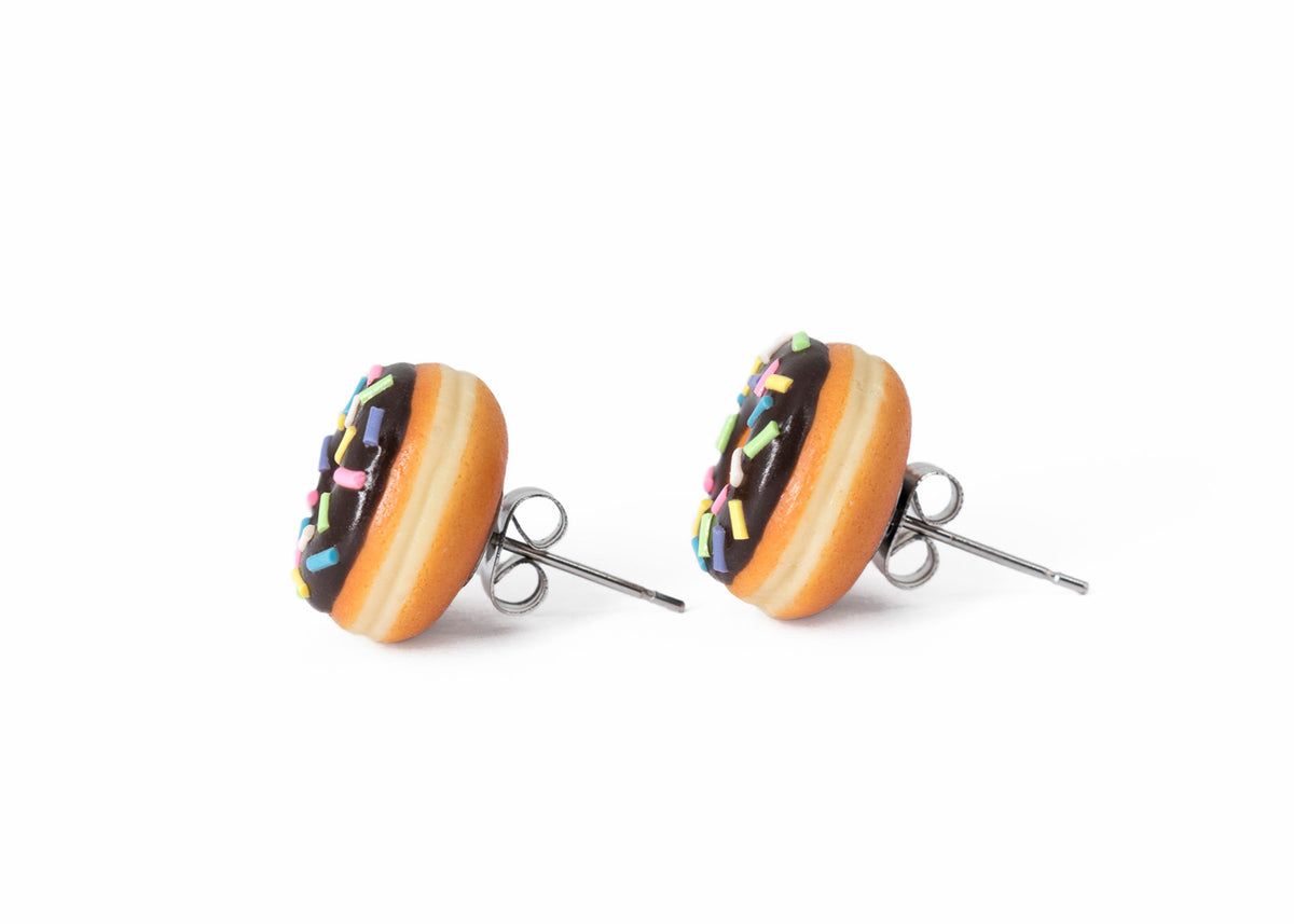 Handmade Jewelry Chocolate Glazed Doughnut Earrings With Sprinkles, Donut Earrings PolinaCreations Fake Food Jewelry Polymer clay Food Earrings mini food jewelry miniature food cute studs small earrings circle earrings sprinkle jewelry rainbow jewelry hypoallergenic jewelry polina creations jewellery