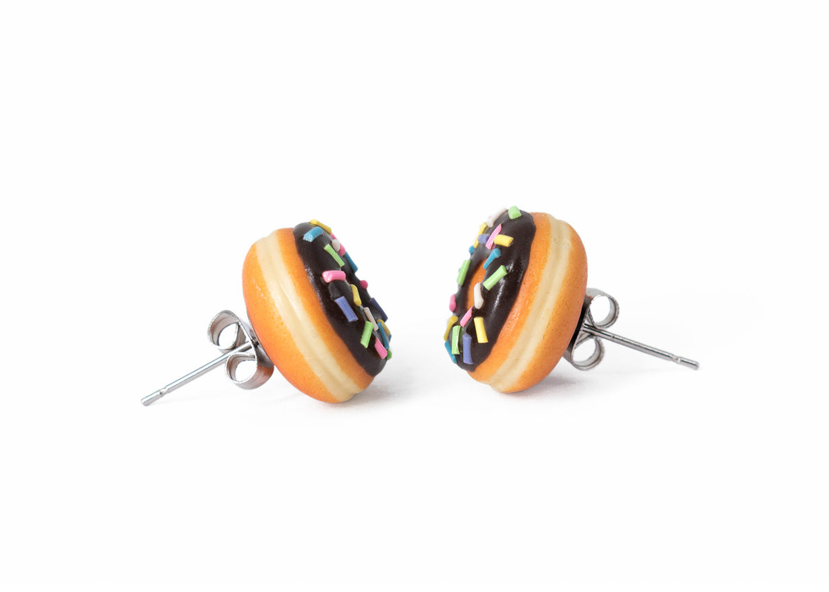 Handmade Jewelry Chocolate Glazed Doughnut Earrings With Sprinkles, Donut Earrings PolinaCreations Fake Food Jewelry Polymer clay Food Earrings mini food jewelry miniature food cute studs small earrings circle earrings sprinkle jewelry rainbow jewelry hypoallergenic jewelry polina creations jewellery
