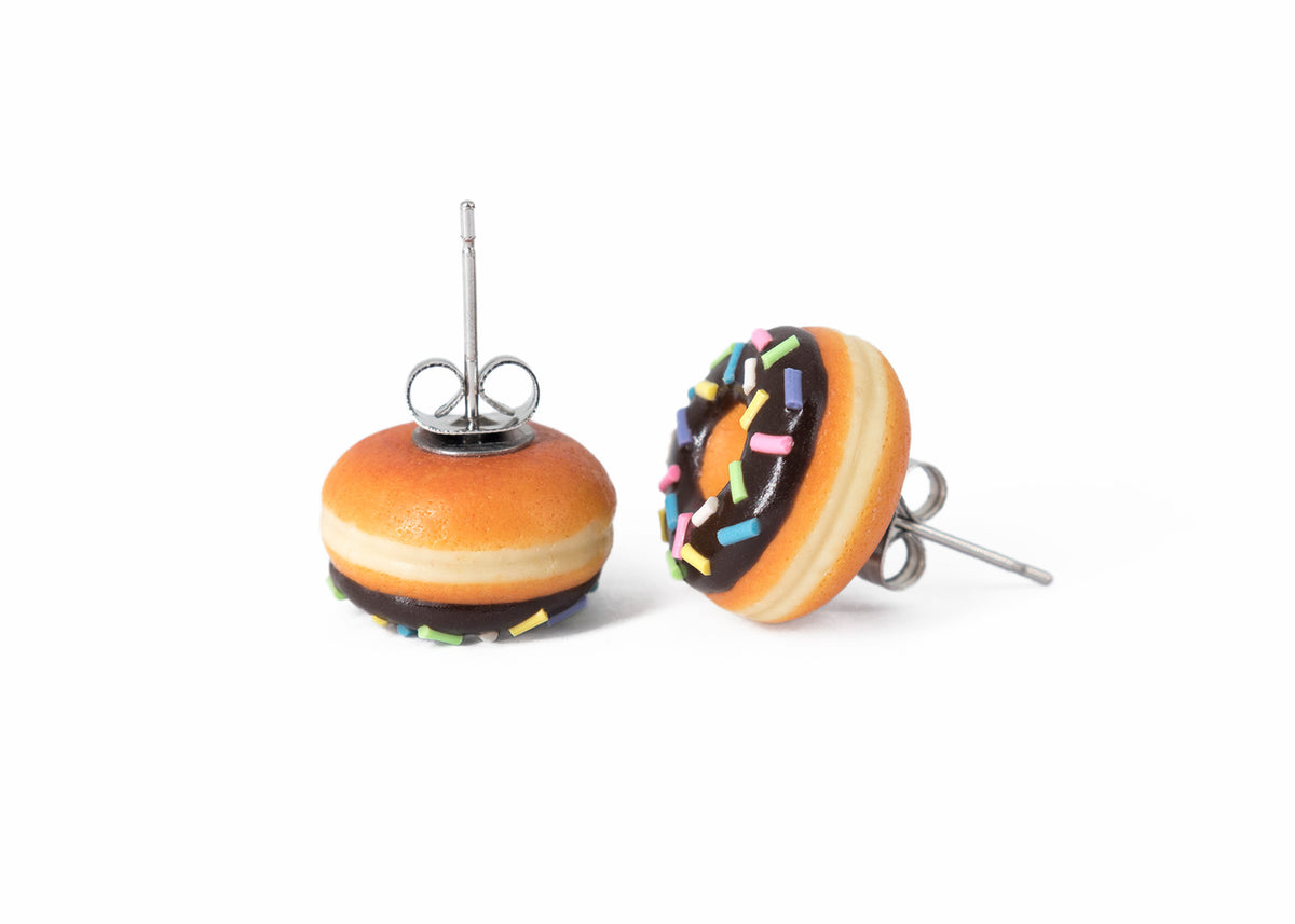 Handmade Jewelry Chocolate Glazed Doughnut Earrings With Sprinkles, Donut Earrings PolinaCreations Fake Food Jewelry Polymer clay Food Earrings mini food jewelry miniature food cute studs small earrings circle earrings sprinkle jewelry rainbow jewelry hypoallergenic jewelry polina creations jewellery