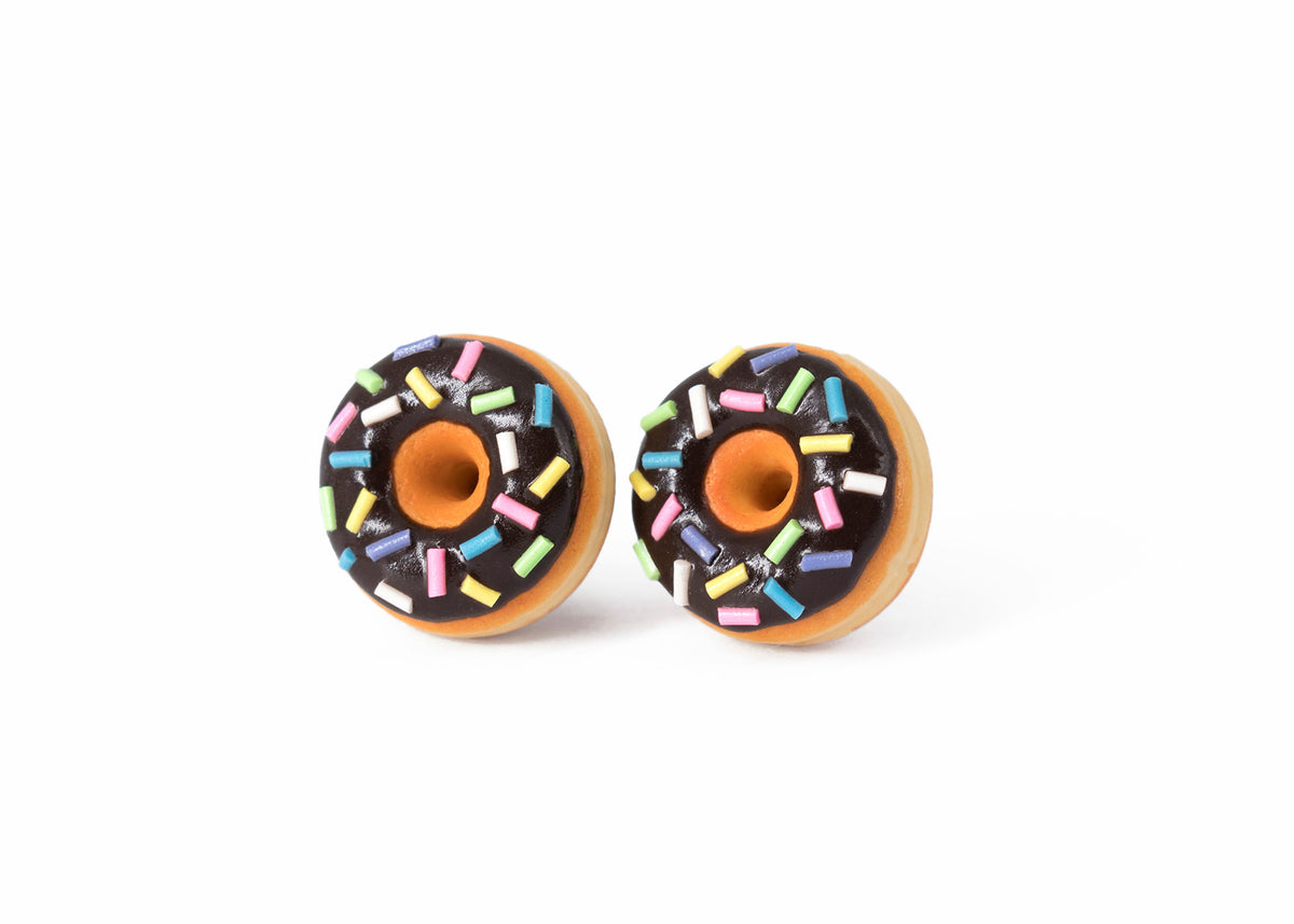 Handmade Jewelry Chocolate Glazed Doughnut Earrings With Sprinkles, Donut Earrings PolinaCreations Fake Food Jewelry Polymer clay Food Earrings mini food jewelry miniature food cute studs small earrings circle earrings sprinkle jewelry rainbow jewelry hypoallergenic jewelry polina creations jewellery gift for her gift for woman girls baskin robbins dunkin donut