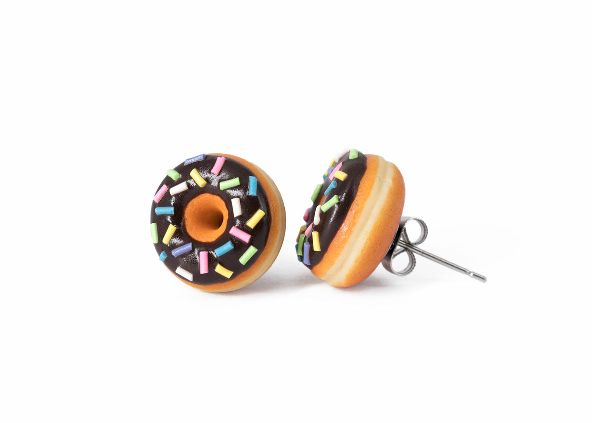 Handmade Jewelry Chocolate Glazed Doughnut Earrings With Sprinkles, Donut Earrings PolinaCreations Fake Food Jewelry Polymer clay Food Earrings mini food jewelry miniature food cute studs small earrings circle earrings sprinkle jewelry rainbow jewelry hypoallergenic jewelry polina creations jewellery